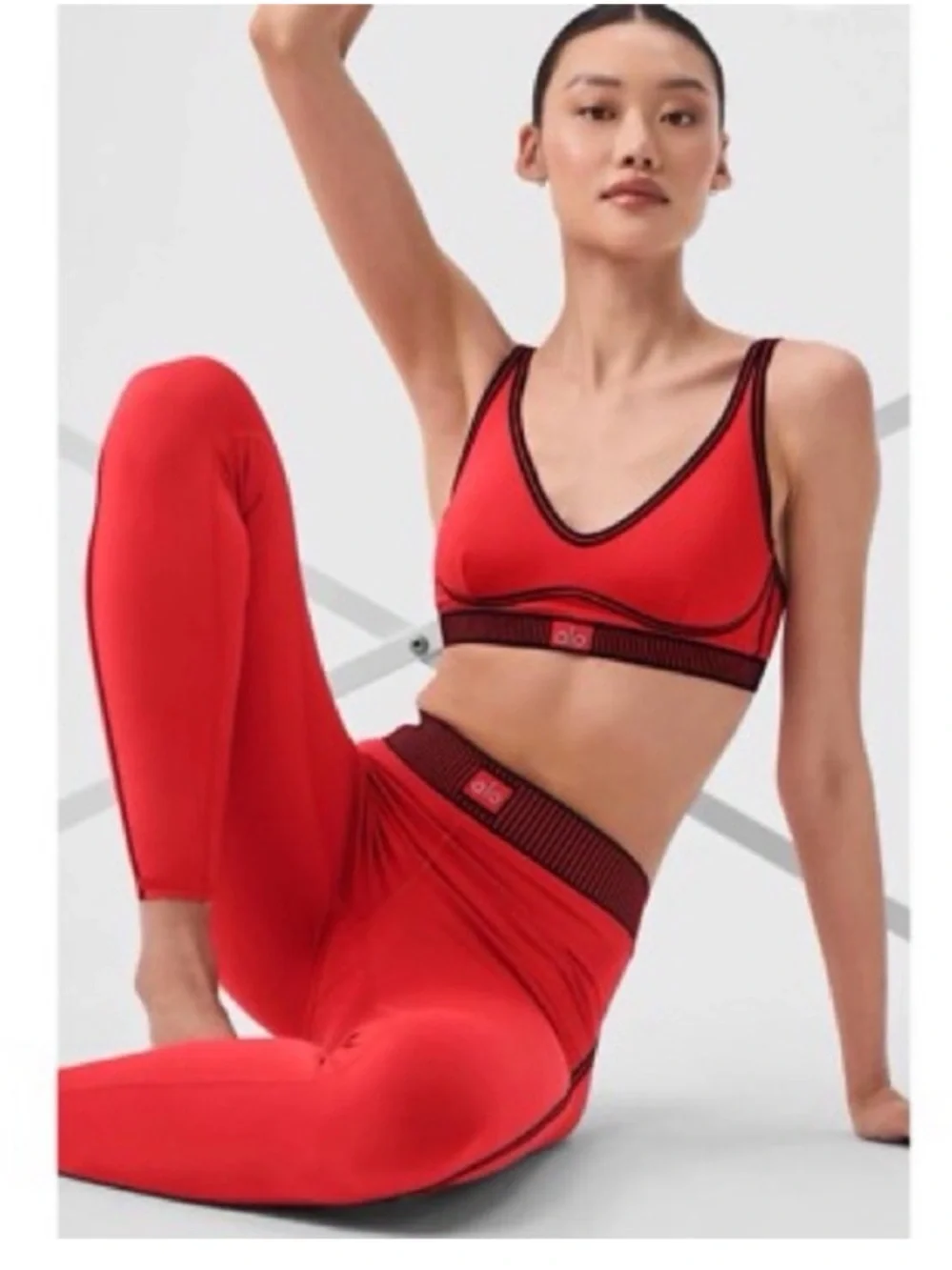NWOT ALO Yoga Line Up Set Red Hot Summer High Waisted Leggings + Bra Sz XS 0-2